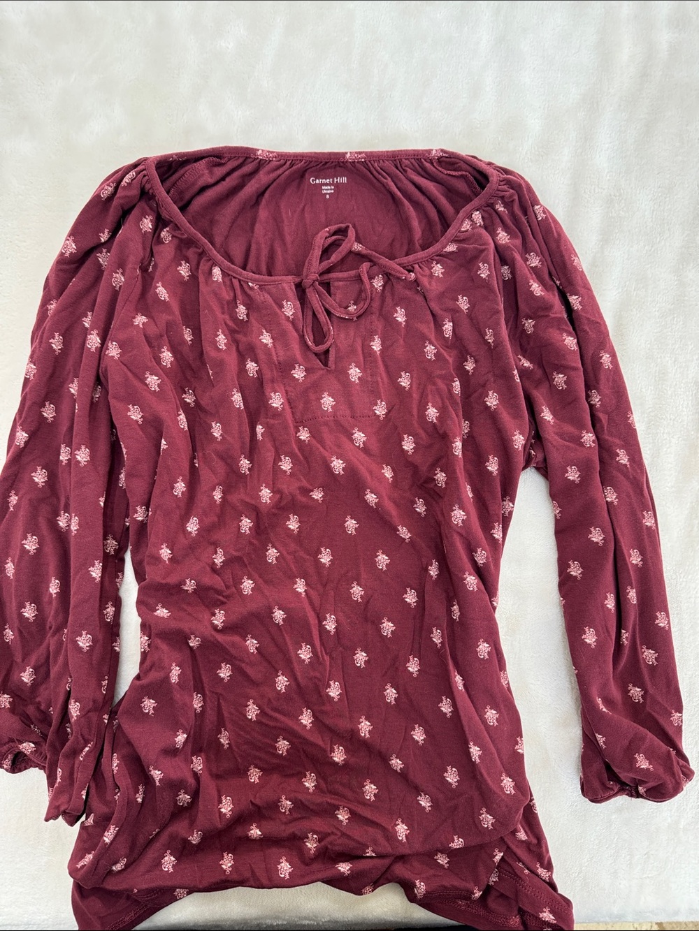 Garnet Hill Burgundy Tie-Neck Long Sleeve Tunic with Pink Floral Print